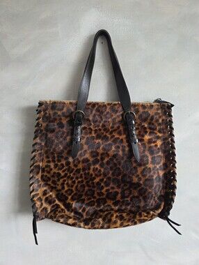 Convalore Rachael Ray Leopard Haircalf Leather Lace Up Whipstitch Tote Bag 18x14